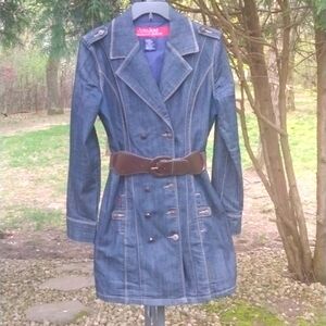 Joujou Womens Jean Jacket Blue Denim Double Breasted Collar Belted size Large
